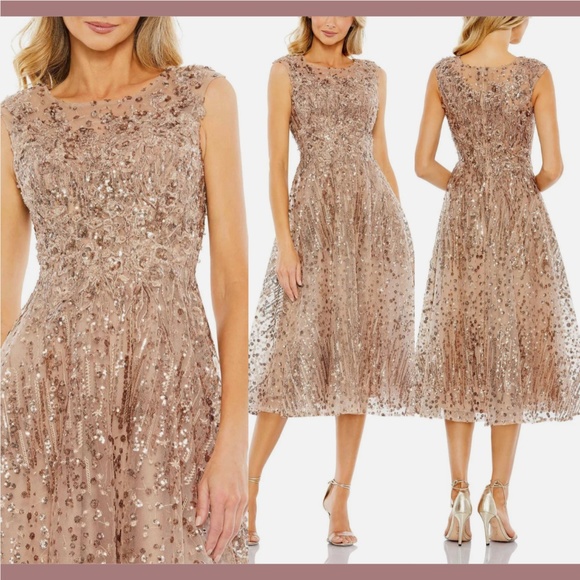 NWT $698 Mac Duggal [ 8 ] Sequined Cap Sleeve Fit and Flare Dress Bronze MIDI‎ - Picture 1 of 16